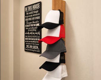 Handmade Wooden Hat Rack, 5-Cap Wall Display, Rustic Modern Storage