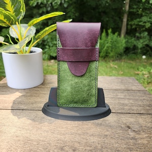 Handmade Leather Pen Case: Emerald & Violet, Personalized Pen Holder