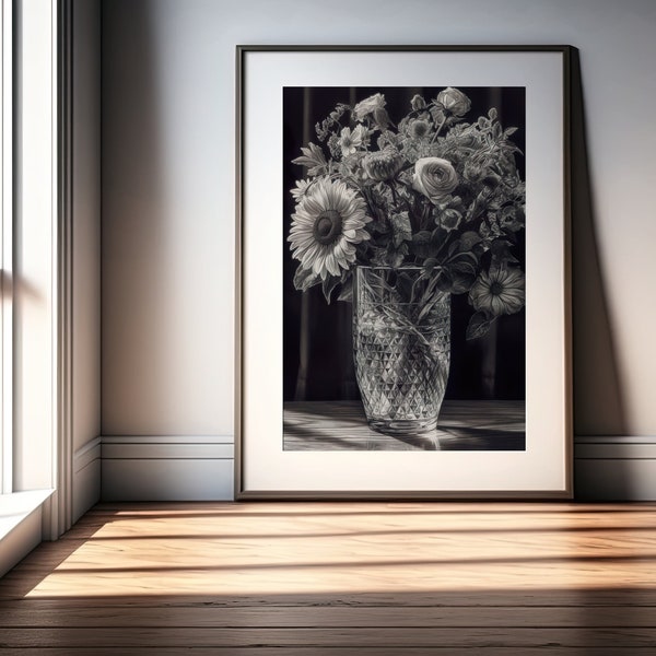 AI-Created Pencil Drawing, Detailed Still Life, Flowers in Glass Vase, 2:3 Ratio, Digital Download