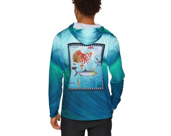 Men's and Woman's  Sports Warmup Hoodie (AOP), Unique Tarpon and Octopus scene original artwork on back, allover crashing wave design