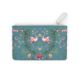Adorable Flamingos and tropical flowers and birds on a mini bag that matches our weekender bag