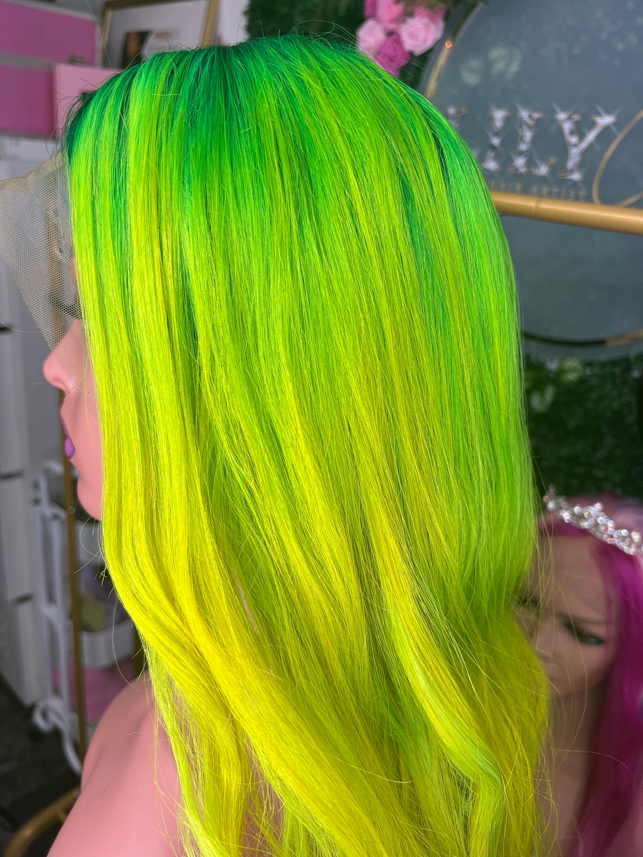 GLORIA / 100% Human Hair CUSTOMIZED WIG Long Neon Yellow Wig Green Root ...