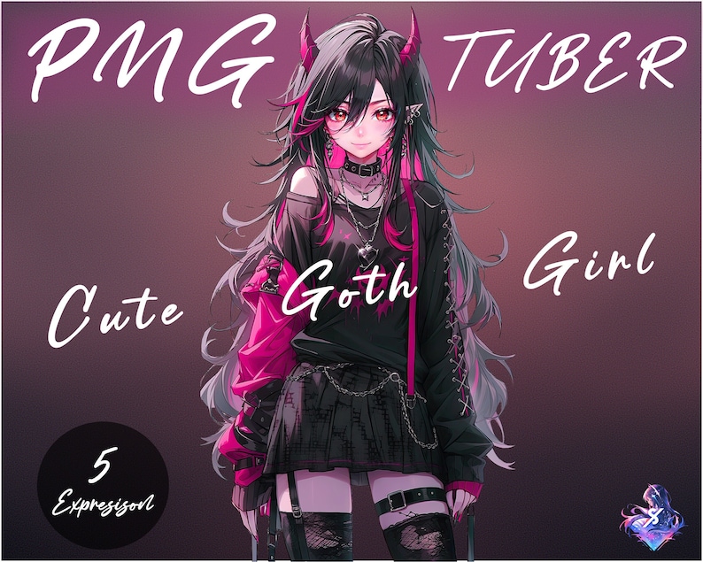 Pu&ograve; includere: Un'illustrazione digitale di una ragazza goth carina con lunghi capelli neri, riflessi rosa e corna rosse. Indossa un abito nero e rosa con un choker nero e una collana a catena d'argento. Lo sfondo &egrave; un gradiente di rosa e viola.