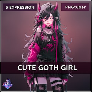 PNGTUBER Cute Goth girl Vtuber 5 Expressions Premade Female Streamer Goth 2D Model VTuber Assets Veadotube Twitch Tiktok
