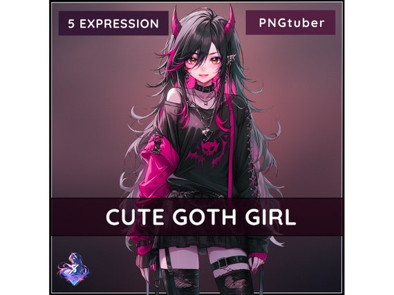 PNGTUBER Cute Goth girl Vtuber 5 Expressions Premade Female Streamer Goth 2D Model VTuber Assets Veadotube Twitch Tiktok