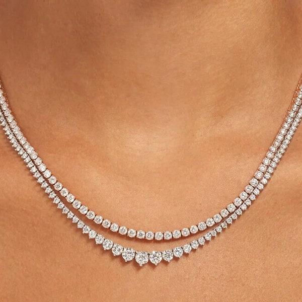 Graduated Necklace 925 Silver Graduated Tennis Necklace 3-prong Graduated Tennis Necklace Fancy Graduated Diamond Necklace AAAA Quality