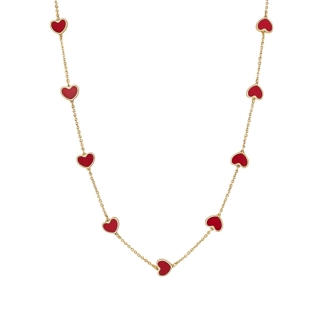 Red Coral Hearts Necklace 14K Italian Gold Coral Heart Station Etsy