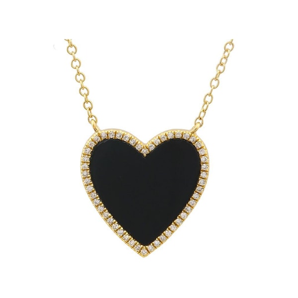 Black Onyx Pave Heart Necklace 925 Silver Pave Onyx Heart Necklace Black Inlay Heart Necklace Pave Outline Black Heart Necklace