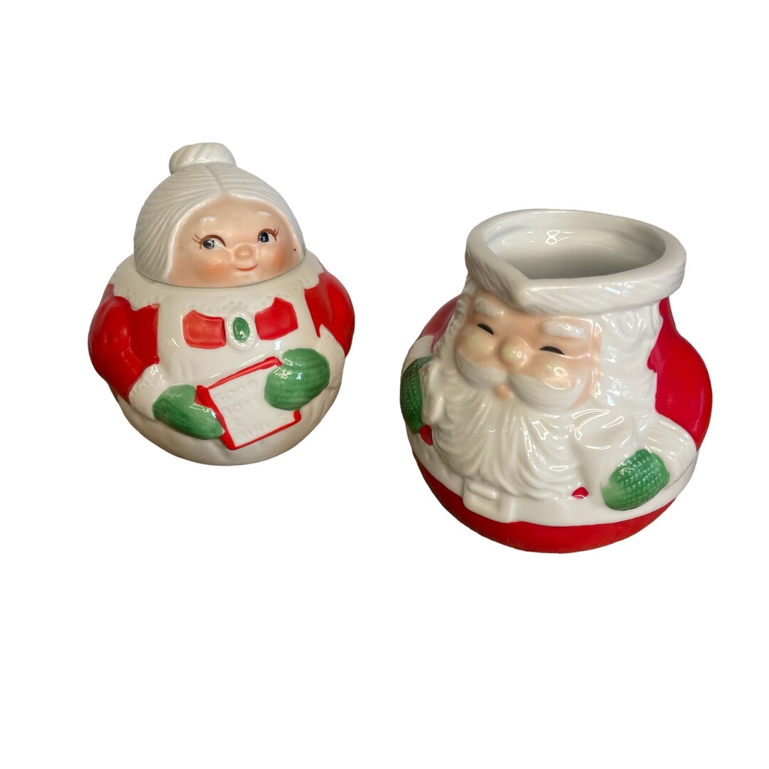 Mr. & Mrs. Claus VTG Avon 1983 Sugar and Creamer Santa Set 2 Perfect