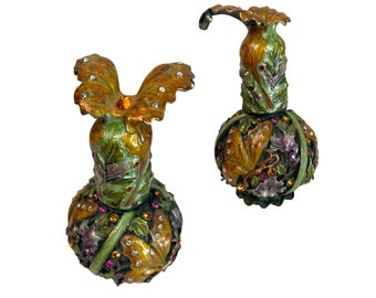 Beautiful VTG Brass Enamel Y2k Butterfly Perfume Bottle adorned with multi-colored crystal accents from 2004