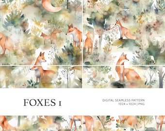 Foxes 1 | Digital Seamless Pattern, Tiling Pattern, Wallpaper | Boho, Floral, Watercolor | For Commercial Use
