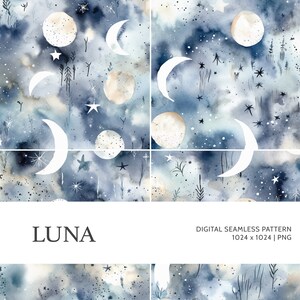 May include: A seamless digital pattern featuring a watercolour illustration of a night sky with white crescent moons, stars, and small white circles on a blue background with hints of beige.