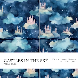 Castles in the sky Midnight | Digital Seamless Pattern, Tiling Pattern, Wallpaper | Boho, Floral, Watercolor | For Commercial Use