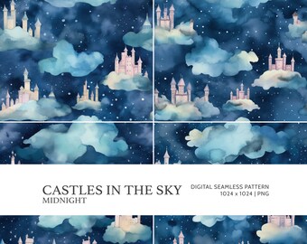 Castles in the sky Midnight | Digital Seamless Pattern, Tiling Pattern, Wallpaper | Boho, Floral, Watercolor | For Commercial Use