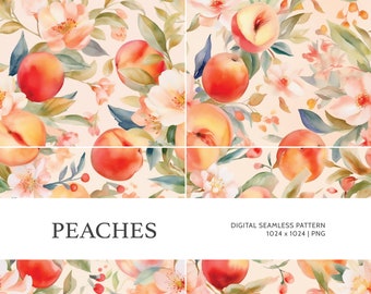 Peaches | Digital Seamless Pattern, Tiling Pattern, Wallpaper | Boho, Floral, Watercolor | For Commercial Use
