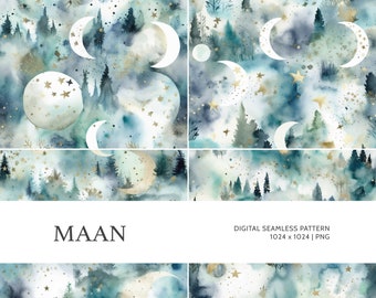 Maan | Digital Seamless Pattern, Tiling Pattern, Wallpaper | Boho, Floral, Watercolor | For Commercial Use