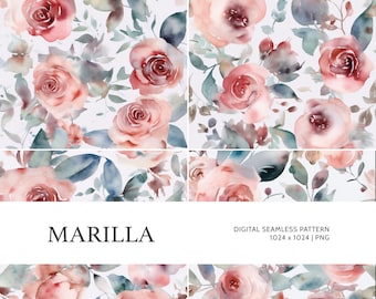 Marilla | Digital Seamless Pattern, Tiling Pattern, Wallpaper | Boho, Floral, Watercolor | For Commercial Use
