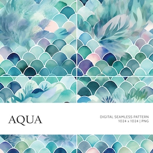 Aqua | Modèle sans couture numérique, motif de carrelage, papier peint | bohème, floral, aquarelle | Pour un usage commercial