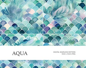 Aqua | Digital Seamless Pattern, Tiling Pattern, Wallpaper | Boho, Floral, Watercolor | For Commercial Use
