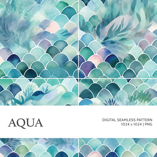 Aqua | Digital Seamless Pattern, Tiling Pattern, Wallpaper | Boho, Floral, Watercolor | For Commercial Use