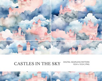 Castles in the sky | Digital Seamless Pattern, Tiling Pattern, Wallpaper | Boho, Floral, Watercolor | For Commercial Use