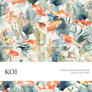 Koï | Modèle sans couture numérique, motif de carrelage, papier peint | bohème, floral, aquarelle | Pour un usage commercial