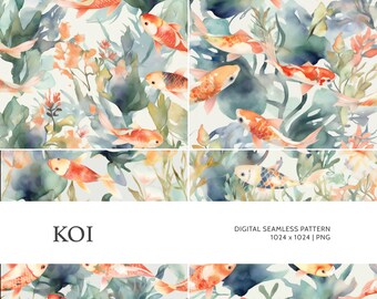 Koi | Digital Seamless Pattern, Tiling Pattern, Wallpaper | Boho, Floral, Watercolor | For Commercial Use