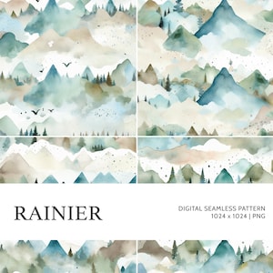 May include: A digital seamless pattern featuring a watercolour illustration of a mountain range in shades of blue, green, and brown. The pattern is titled "RAINIER" and is 1024 x 1024 pixels in size.