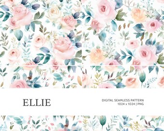 Ellie | Digital Seamless Pattern, Tiling Pattern, Wallpaper | Boho, Floral, Watercolor | For Commercial Use