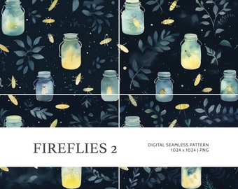 Fireflies 2 | Digital Seamless Pattern, Tiling Pattern, Wallpaper | Boho, Floral, Watercolor | For Commercial Use