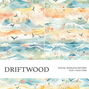 May include: A digital seamless pattern featuring a watercolour illustration of a landscape with mountains, clouds, and birds. The colours are blue, green, orange, and yellow. The pattern is 1024 x 1024 pixels and is in PNG format. The text "DRIFTWOOD" is at the bottom of the image.