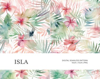 Isla | Digital Seamless Pattern, Tiling Pattern, Wallpaper | Boho, Floral, Watercolor | For Commercial Use