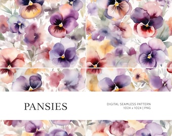Pansies | Digital Seamless Pattern, Tiling Pattern, Wallpaper | Boho, Floral, Watercolor | For Commercial Use