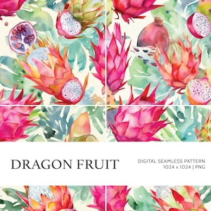 Drakfrukt | Digitalt sömlöst mönster, kakelmönster, tapet | Boho, blommig, akvarell | För kommersiellt bruk
