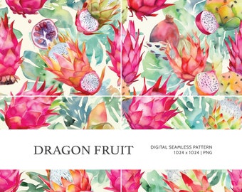 Dragon Fruit | Digital Seamless Pattern, Tiling Pattern, Wallpaper | Boho, Floral, Watercolor | For Commercial Use