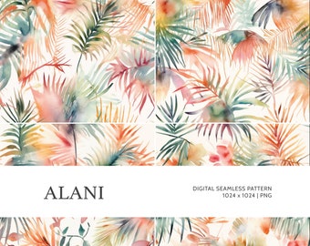 Alani | Digital Seamless Pattern, Tiling Pattern, Wallpaper | Boho, Tropical, Watercolor | For Commercial Use