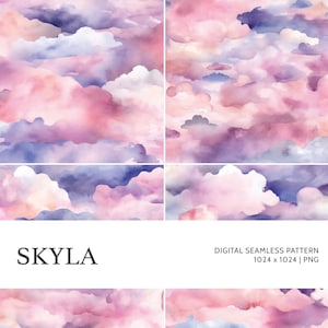 May include: A seamless digital pattern featuring a watercolor painting of pink, purple, and blue clouds. The pattern is 1024 x 1024 pixels and is in PNG format. The pattern is called "Skyla".