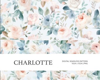 Charlotte | Digital Seamless Pattern, Tiling Pattern, Wallpaper | Boho, Floral, Watercolor | For Commercial Use