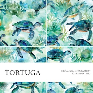 Tortuga | Digital Seamless Pattern, Tiling Pattern, Wallpaper | Boho, Floral, Watercolor | For Commercial Use