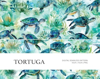 Tortuga | Digital Seamless Pattern, Tiling Pattern, Wallpaper | Boho, Floral, Watercolor | For Commercial Use