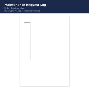 Può includere: Un modello Excel digitale per il registro delle richieste di manutenzione con sfondo bianco, una sottile linea grigia verticale della griglia e una piccola barra di intestazione blu in alto a sinistra. Il testo Maintenance Request Log, XLSX, Excel template, PaperworkProShop e Instant Download è visualizzato in bianco su un'intestazione blu scuro.