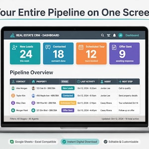 May include: A laptop screen displaying a Real Estate CRM dashboard titled Your Entire Pipeline on One Screen. The interface features summary cards for new leads, contacted, scheduled tours, and offers sent, alongside a detailed pipeline overview table.