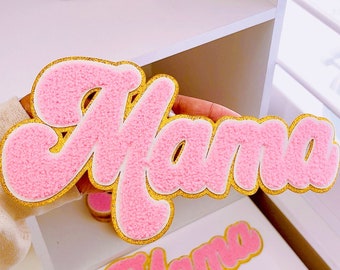 Mama Pink Chenille Patch Mama Patch With Gold Glitter Mama Cursive Patch MAMA Iron On Patch Mama Patches For Sweatshirt Patches For Tshirts