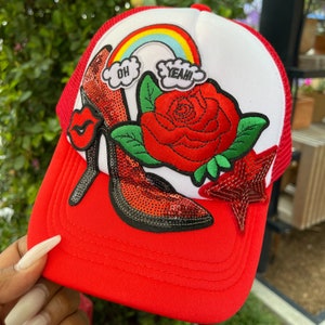 Red Custom Trucker Hat Embroidered Patch Multi Patch Cap Trendy Design with Rose Heel Lip Oh Yeah Rainbow Sequin Star Patches Unique Fashion
