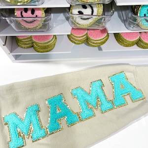 Mama White Chenille Patch Mama Patch With Gold Glitter Mama Cursive Patch MAMA Iron On Patch Mama Patches For Sweatshirt Patches For Tshirts