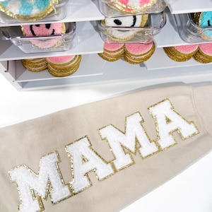 Mama White Chenille Patch Mama Patch With Gold Glitter Mama Cursive Patch MAMA Iron On Patch Mama Patches For Sweatshirt Patches For Tshirts