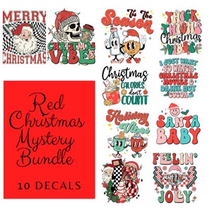 Mystery Bundle 10 Cute Red Christmas UV DTF Glass Stickers, Cup Decals For 16oz Libbey, Ready To Apply Decals, Permanent Adhesive, No Heat