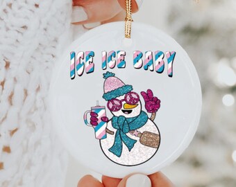 Ice Ice Baby Groovy Snowman UV DTF Sticker For Christmas Ornaments, Ready To Apply No Heat Needed, Ready To Ship Christmas Ornament Decal