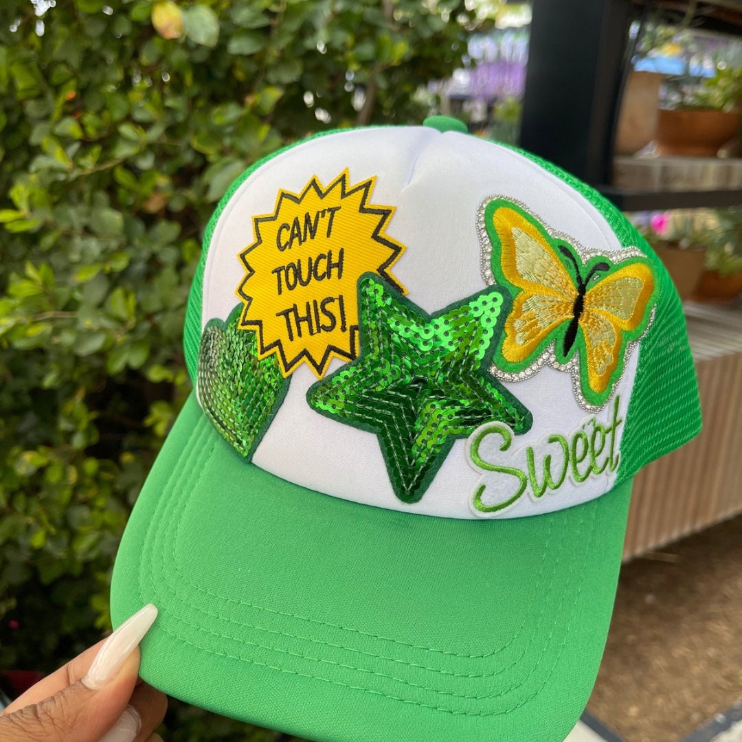 Green Trucker Hat Yellow Butterfly Multi Patch Cap Trendy  display picture 3