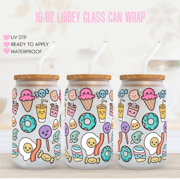 ICE Cream Candy 16oz UV DTF Libbey Glass Can Wrap, Cup Wrap, Ready To Apply, No Heat Needed, Permanent Adhesive, Waterproof Ready To Ship